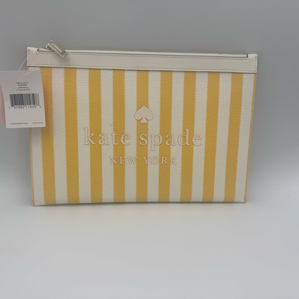 Kate Spade Street Striped Printed Yellow and White Canvas Clutch Zip Pouch NWT